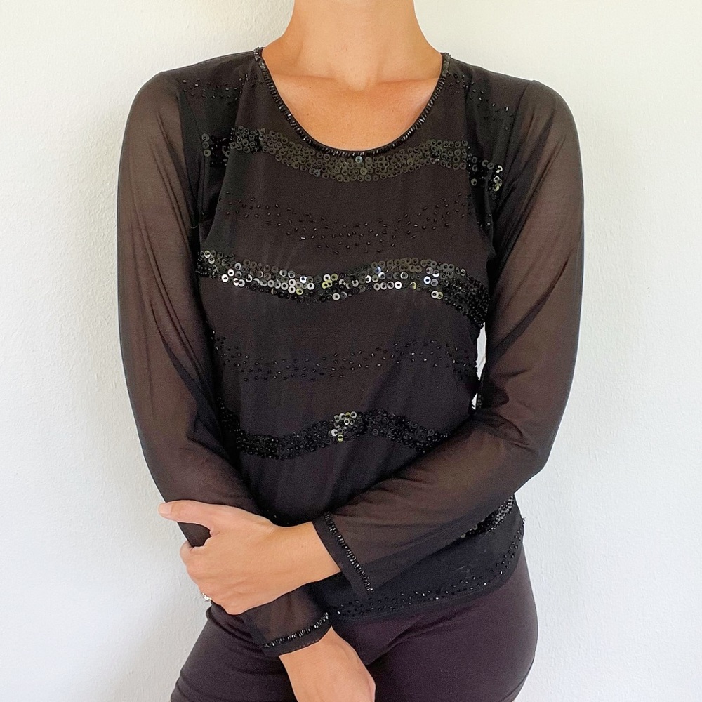 Vintage effeci black sheer mesh embroidered sequin stretch blouse size small